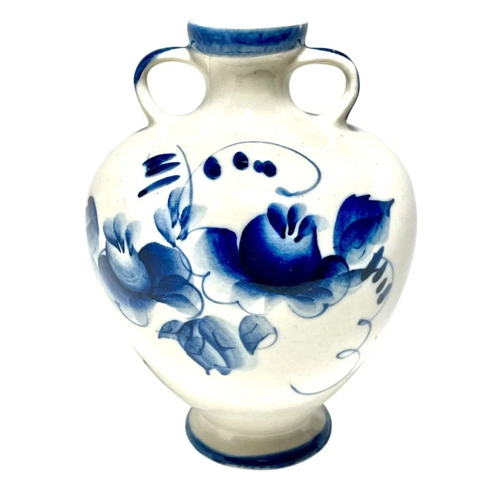 Vintage Russian Gzhel Blue &‎ White Hand Painted Vase Floral Design USSR Marked